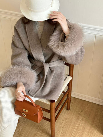 Airchics manteau en laine fausse fourrure avec poches ceinture femme élégant